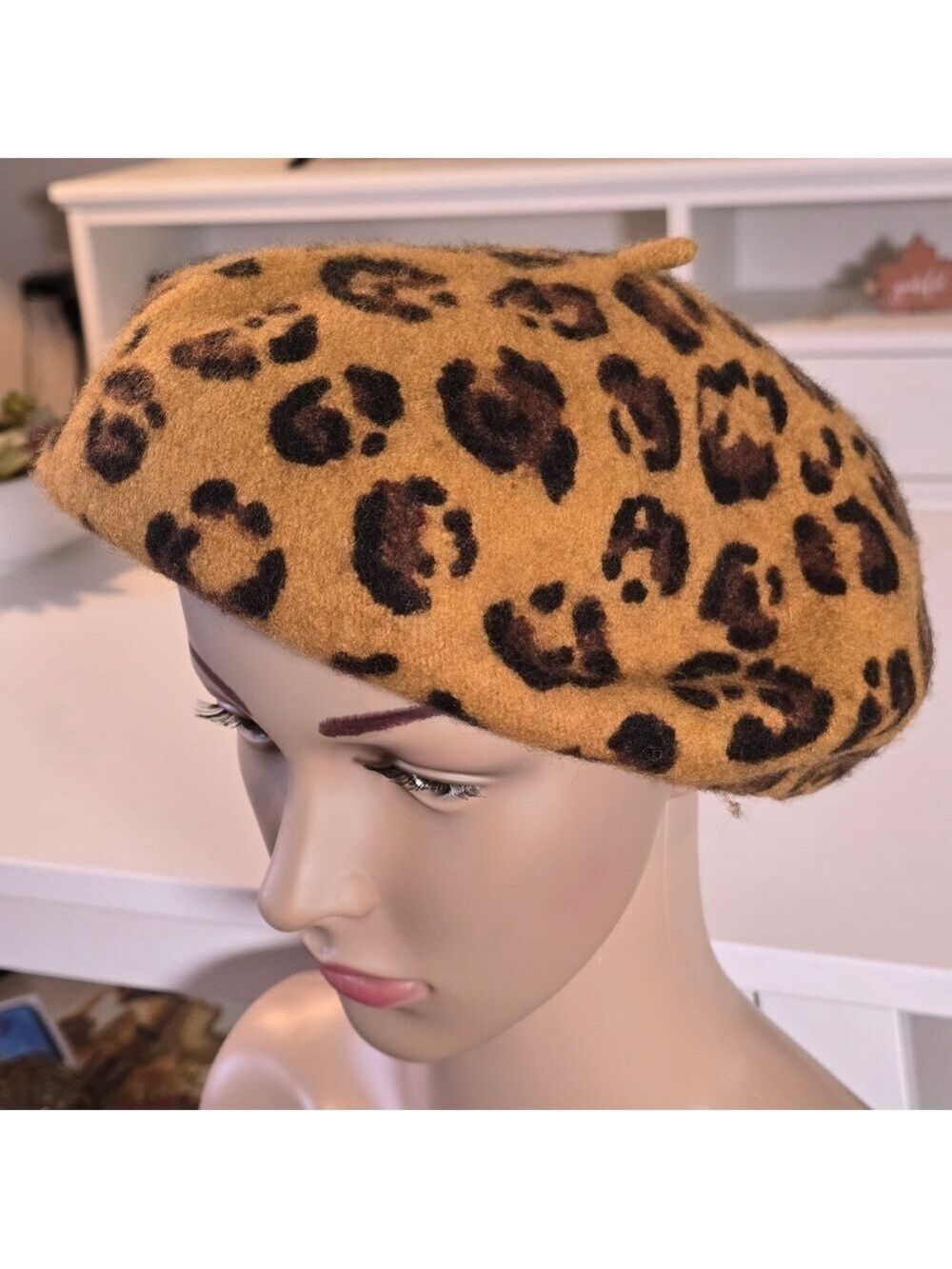 Leopard Print Beret Wool Blend  - Brown and Black